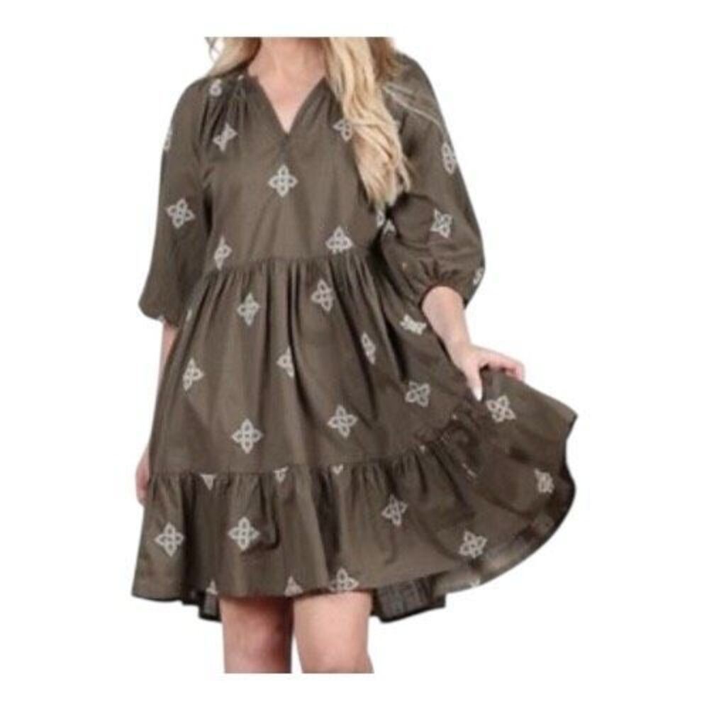 Mira Women’s Olive Green Embroidered Medallion Babydoll Tiered Dress Size Large
